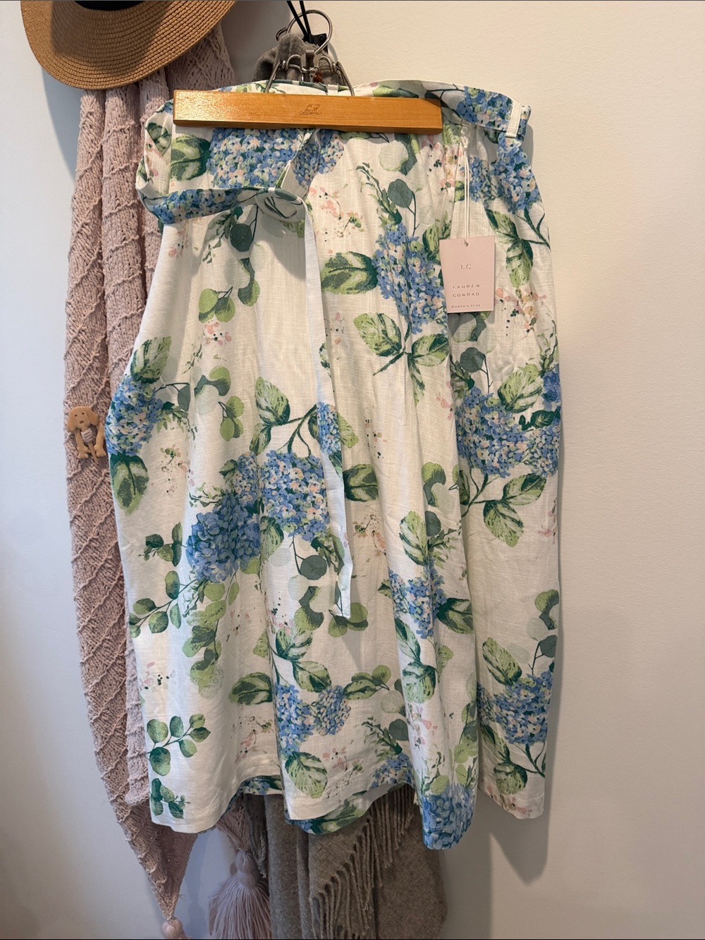 Floral Hydrangea Print Linen-Blend Skirt - White/Blue